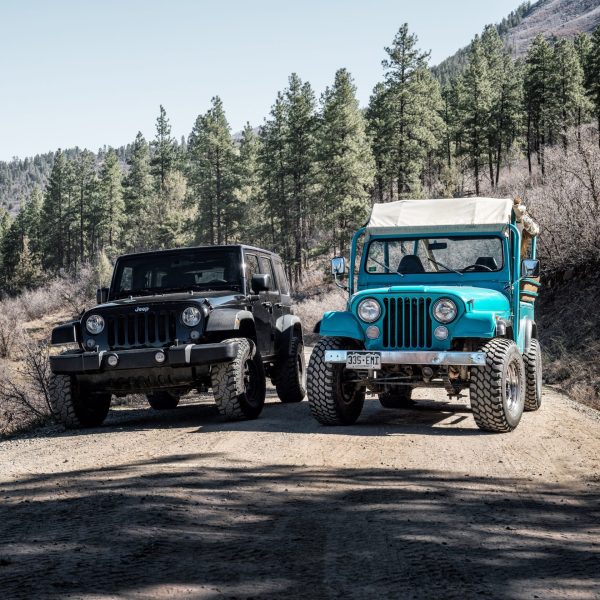 A black Jeep and a turquoise Jeep parked next to each other on a forest road in Colorado