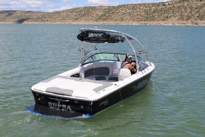a power boat floats on Lake Nighthorse near Durango, Colorado